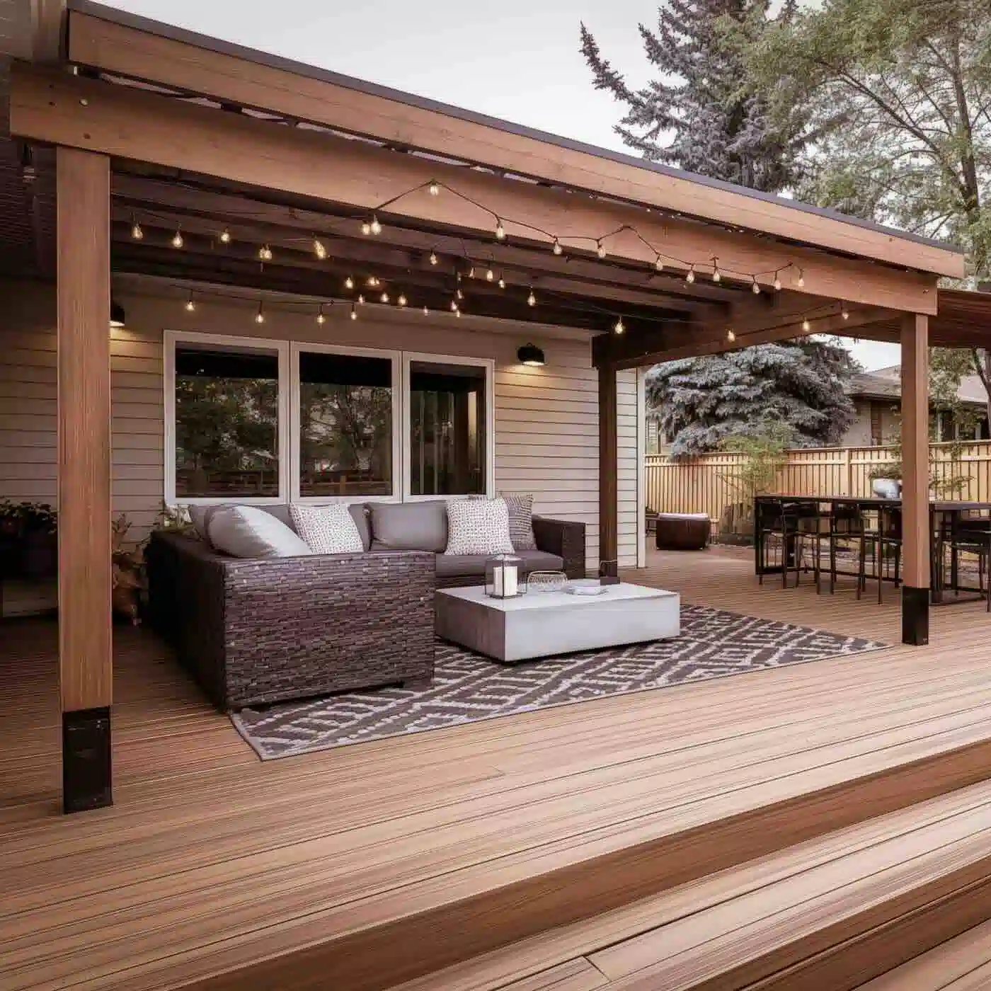 Custom wood deck with gazebo and landscape lighting