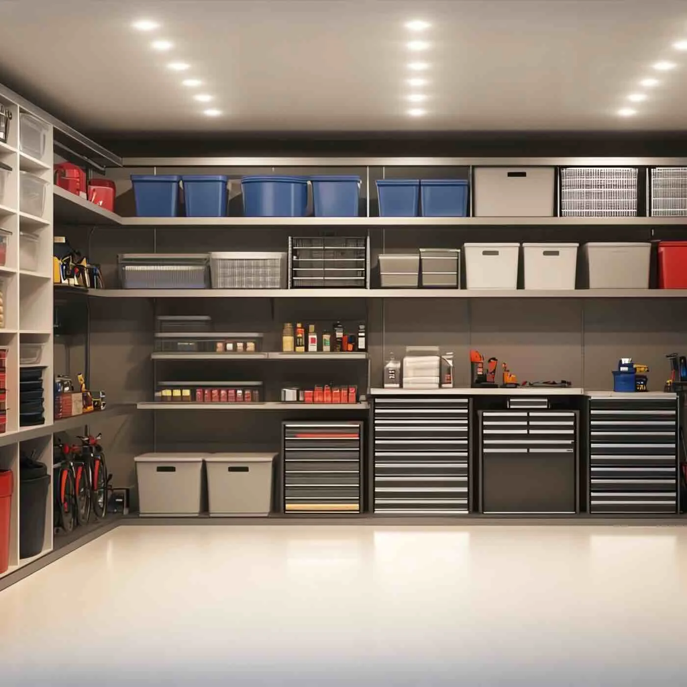 Organized garage with shelving, wall racks, and overhead storage
