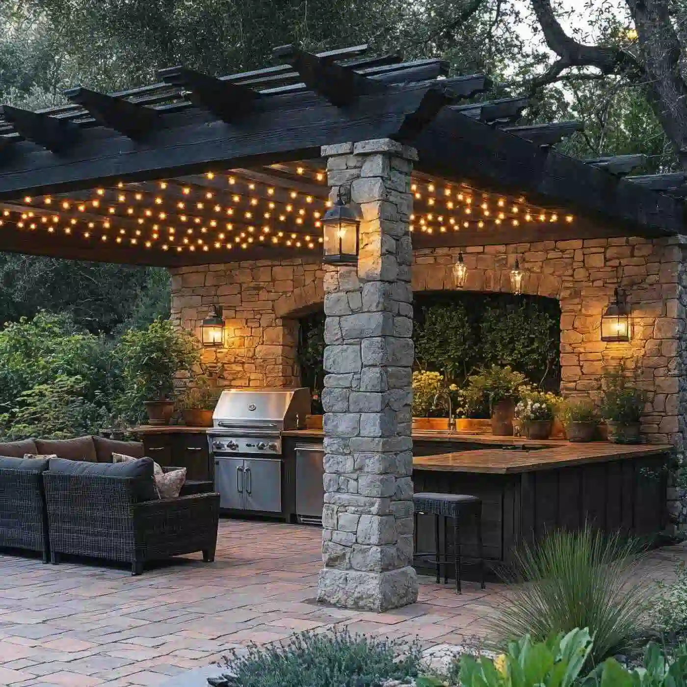Backyard with outdoor kitchen and built-in grill installation