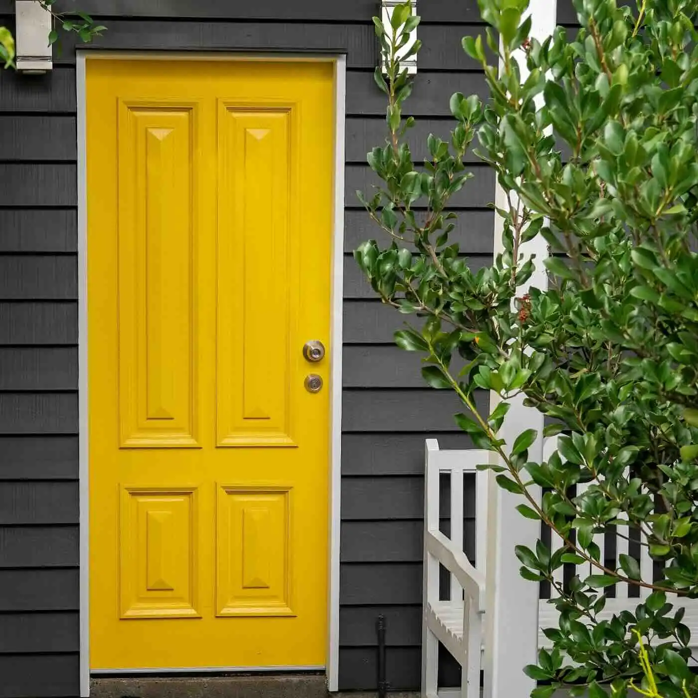 Bright yellow front door on freshly painted dark house exterior