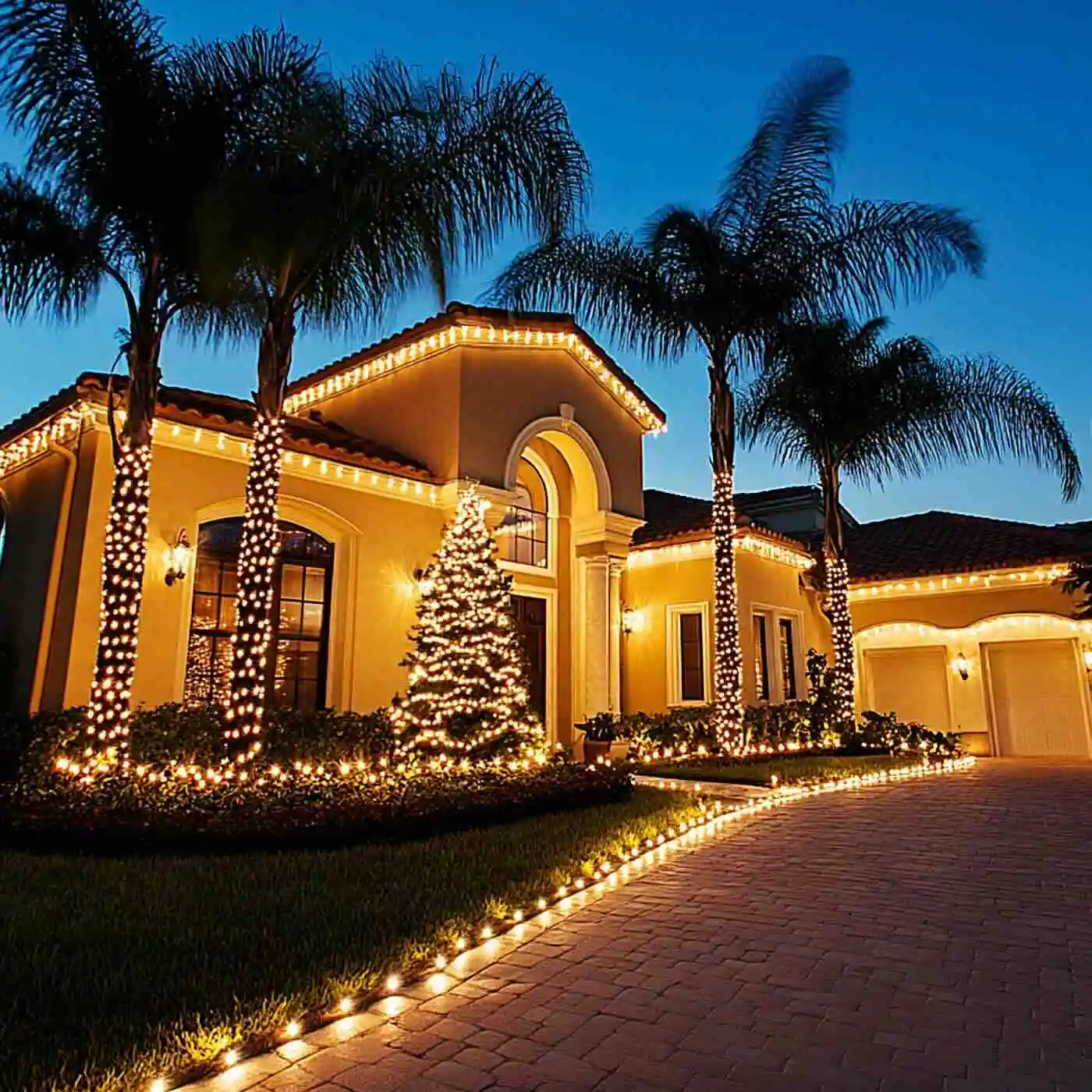 A home with warm white Christmas lights perfectly aligned along the gutter, and a palm tree outside wrapped neatly